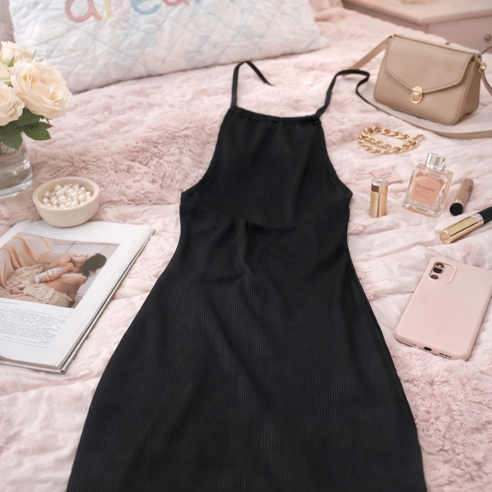 Minimalist Black Ribbed Dress | Size Small | Open Back | Sexy Lightweight Fit